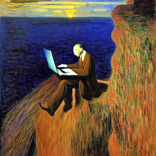 Image similar to A man climbs a cliff while coding A.I. on a laptop - award-winning digital artwork by Dali and Monet. Stunning lighting