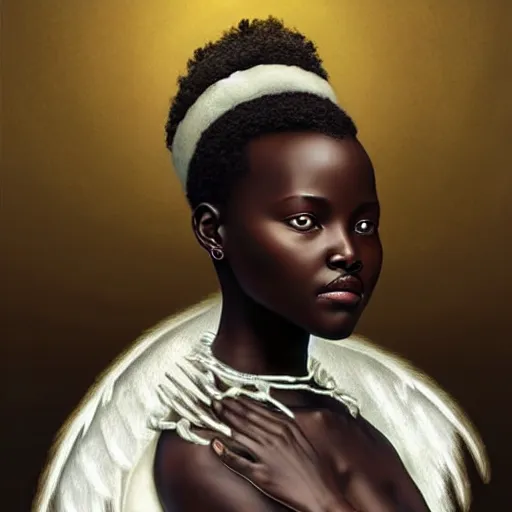 Prompt: lupita nyong'o as an angel standing in the front of gates of hell. angel is draped with bones. digital painting. art station. mood lighting. skindness, highly detailed, concept art, intricate, sharp focus, einar jonsson and bouguereau - h 1 2 0 0