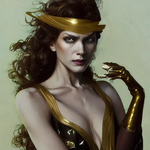 Image similar to Sandman with a gold suit, portrait, intricate, elegant, highly detailed, digital painting, artstation, concept art, smooth, sharp focus, illustration, art by artgerm and greg rutkowski and alphonse mucha