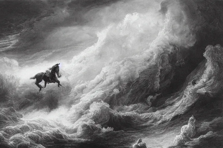 Image similar to A huge horse rides through epic Hurricane, Gustave Dore lithography