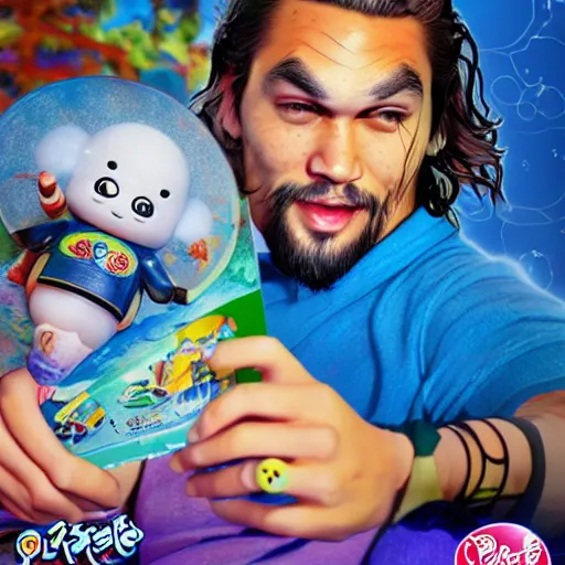 Image similar to Manga cover portrait of an extremely cute and adorable beautiful Jason Momoa playing with Fisher-Price toys, 3d render diorama by Hayao Miyazaki, official Studio Ghibli still, color graflex macro photograph, Pixiv, DAZ Studio 3D