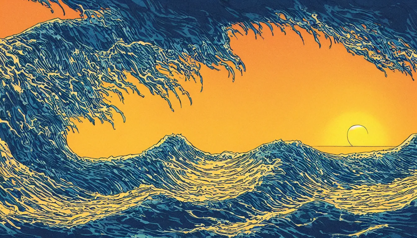 Image similar to ocean waves, setting sun, japanese illustration