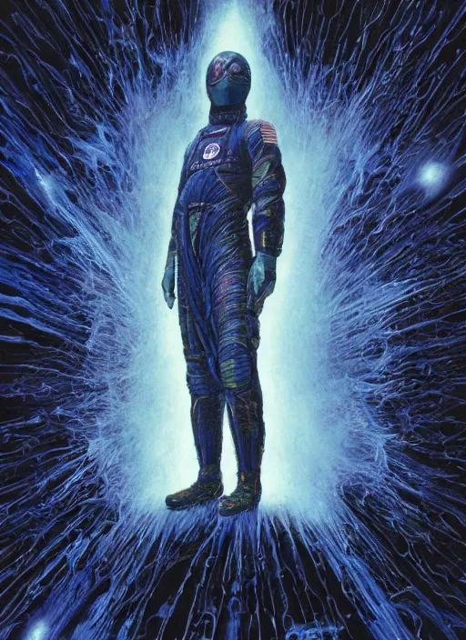 Image similar to astronauts in dark and empty void blue fire poster - complex and hyperdetailed technical suit. reflection and dispersion materials. rays and dispersion of light. volumetric light. 5 0 mm, f / 3 2. noise film photo. flash photography. ultra realistic, wide angle. poster by wayne barlowe, hajime sorayama aaron horkey, craig mullins