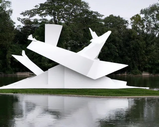 Image similar to photo of white minimalist abstract cubist sculpture of curvy spaceship with random small mecha mayan decorations, covered with few large white airplane parts with windows and doors, gigantic size, sunset lighting by a lake, the sculpture is reflected on the water