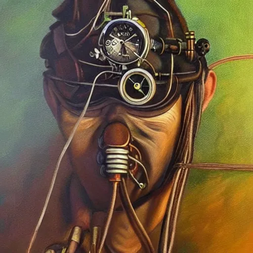 Prompt: realistic oil painting of a steampunk 💚 on wires