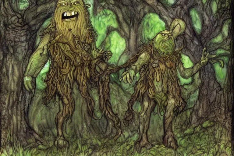 Image similar to a druid treefolk with troll face, standing in the forest, in the style of Tony Diterlizzi and Brian Froud, painterly