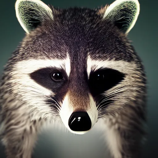 Image similar to a hyperrealistic octane render of a raccoon with camera lenses for eyes, photorealism, unreal engine, dramatic lighting, volumetric lighting, uplighting