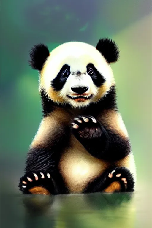 Image similar to clear portrait of a baby panda, cottagecore!!, background hyper detailed, character concept, full body, dynamic pose, glowing lights!! intricate, elegant, highly detailed, digital painting, artstation, concept art, smooth, sharp focus, illustration, art by artgerm and greg rutkowski and alphonse mucha