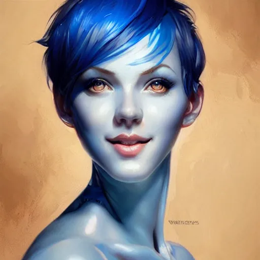 Image similar to a beautiful painting of a smiling woman with stylish short blue hair and sparkling blue eyes representative of the art style of artgerm and wlop and peter mohrbacher