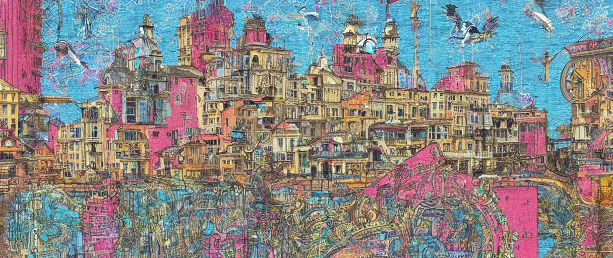 Prompt: a building along a river, seen from the long distance. people walking on a bridge. maximalist mixed media collage, baroque embroidery fabric textures. childrenbook illustration in vibrant pastel tones. matte background. HD 8x