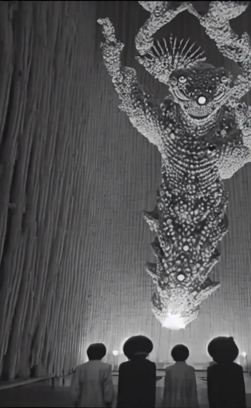 Image similar to light coming out of one starfish - like kaiju anthropomorphic monster, korean film noir by kim jong - il, korean traditional palace, pyongyang city, 1 9 6 0 s, red color bleed, 4 k, video compression, video glitch, monochrome, akira kurosawa, mamoru oshii, wes anderson, stanley kubrick