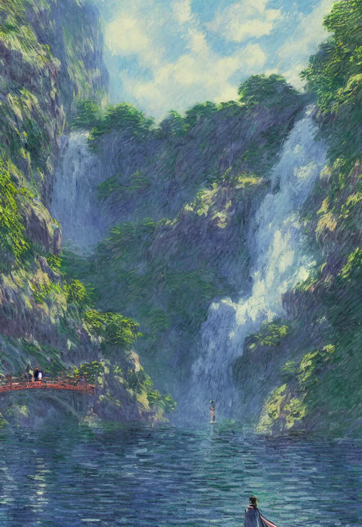 Image similar to tiny businessman wearing a cape in front of a japanese city in the mountain surrounded by waterfall. cyberpunk, boats flying. beautiful blue sky. gorgeous epic nature, lofi, vivid colors, amazing light, by jeremy lipkin, by claude monet, heavily inspired by makoto shinkai, inspired by ghibli, masterpiece, multiple brush strokes, impressionist style