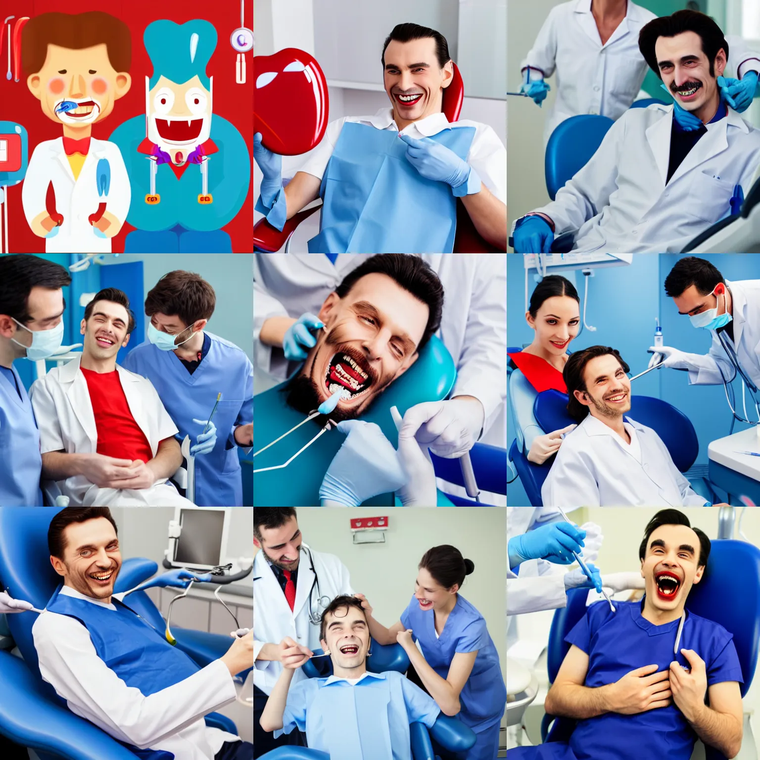 Prompt: dracula being happy at the dentist, dental clinic, a lot of medical stuff and doctors, cheerful, relaxed, smiling