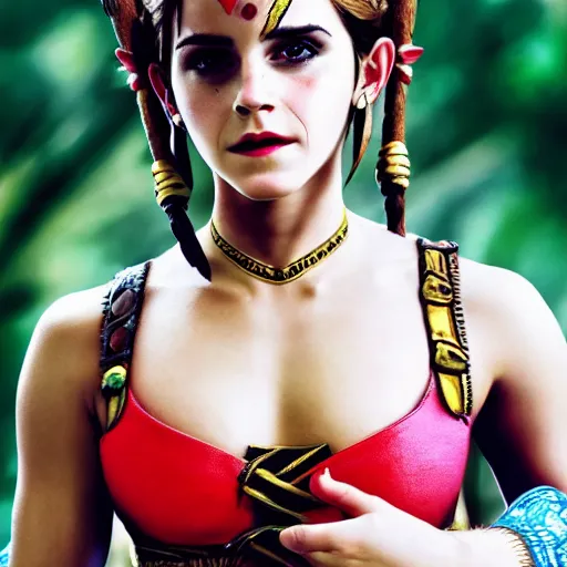 Image similar to Emma Watson modeling as Urbosa from Zelda, (EOS 5DS R, ISO100, f/8, 1/125, 84mm, postprocessed, crisp face, facial features)