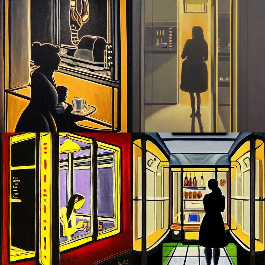 Prompt: the painting portrays a lone woman staring into a cup of coffee in an automat at night. the reflection of identical rows of light fixtures stretches out through the night - blackened win