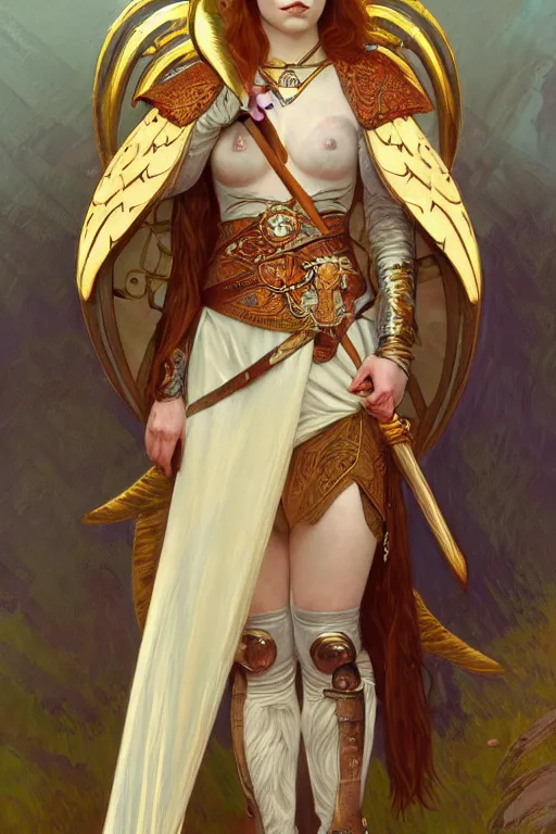 Prompt: Emma Stone as an Viking warrior angel, fantasy, intricate, elegant, highly detailed, digital painting, artstation, concept art, smooth, sharp focus, illustration, art by alphonse mucha