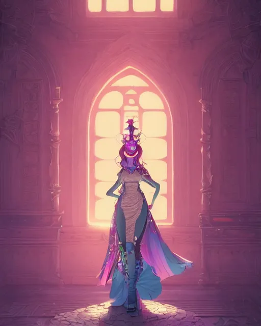 Image similar to highly detailed surreal vfx portrait of a female candypunk mage in a majestic castle by golden tree, stephen bliss, unreal engine, greg rutkowski, loish, rhads, beeple, makoto shinkai and lois van baarle, ilya kuvshinov, rossdraws, tom bagshaw, alphonse mucha, global illumination, detailed and intricate environment