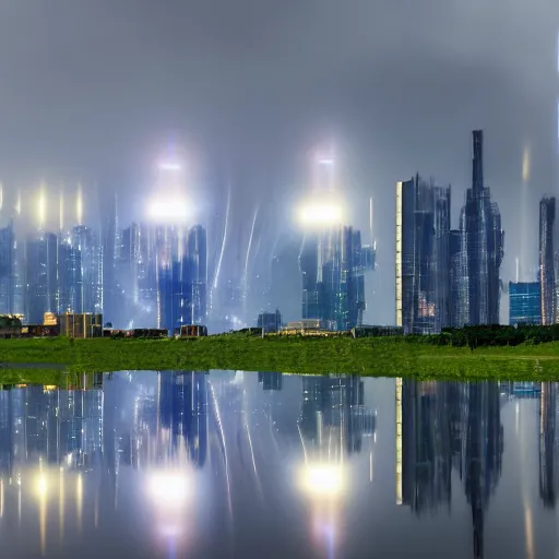 Prompt: Wide shot of colossal futuristic megacity towering across the landscape, thunder storm reflected in water, Ralph McQuarrie, EOS-1D, f/16, ISO 200, 1/160s, 8K