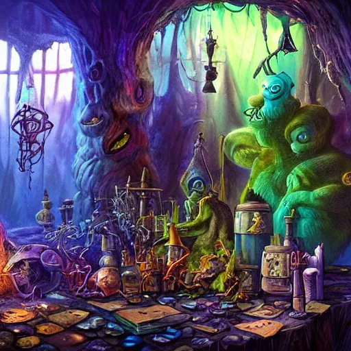 Prompt: these monsters are consumed by fire, yet they remain unharmed. they are surrounded by the tools of the alchemist's trade - beakers and test tubes full of colorful liquids, crystals, and books of ancient knowledge. the scene is suffused with an eerie glow, as if something magical is happening here. dramatic lighting epic glows eerily beautiful photograph