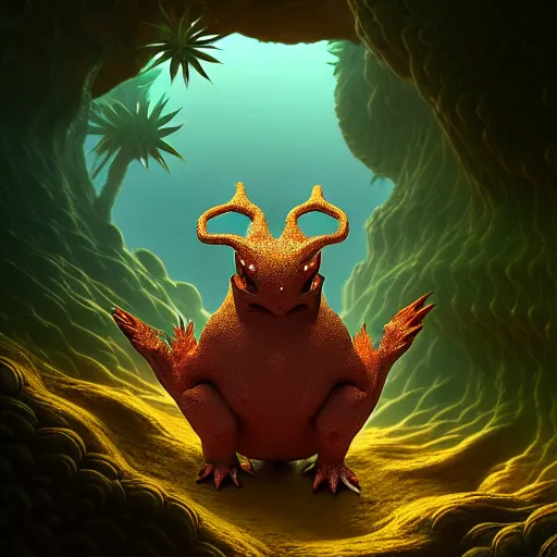 Image similar to ( pokemon ) creature creature in a desert lush oasis, warm tones, bioluminescent bioluminescent translucent translucent : : by michal karcz, daniel merriam, victo ngai and guillermo del toro : : ornate, dynamic, particulate, intricate, elegant, highly detailed, centered, artstation, smooth, sharp focus, octane render, 3 d