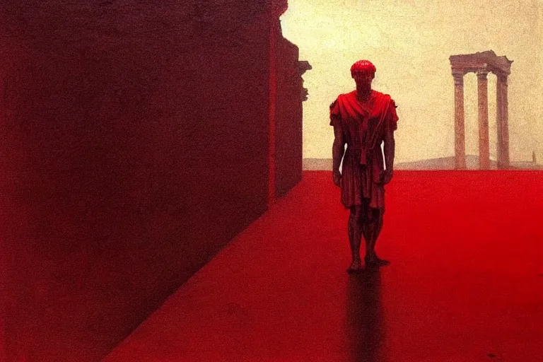 Image similar to only with red, caesar after war, the deal, a red tiger, in hoc signo vinces, rome in background, an ancient path, in the style of beksinski, part by hopper, part by rodcenko, part by hofbauer, intricate composition, red by caravaggio, insanely quality, highly detailed, masterpiece, red light, artstation