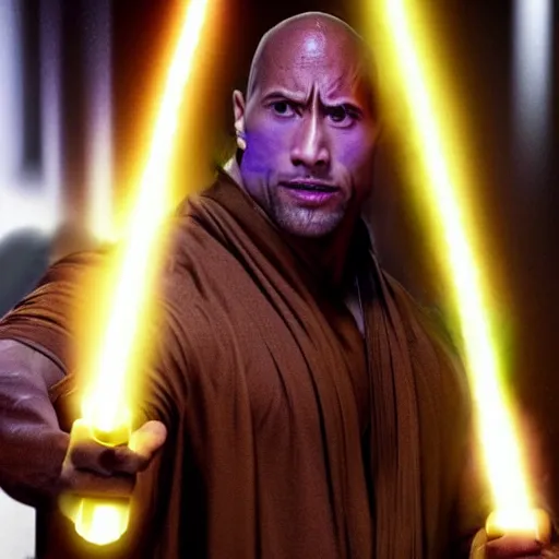 Image similar to dwayne johnson with a purple lightsaber in brown robes