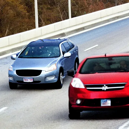 Image similar to photograph of donald trump smashing cars on the highway