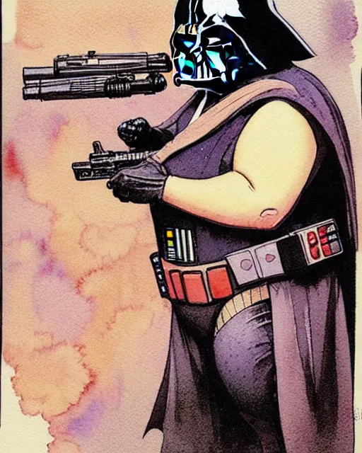 Image similar to a realistic and atmospheric watercolour fantasy character concept art portrait of a fat, chibi darth vader with pink eyes wearing a wife beater and holding a gun. by rebecca guay, michael kaluta, charles vess and jean moebius giraud