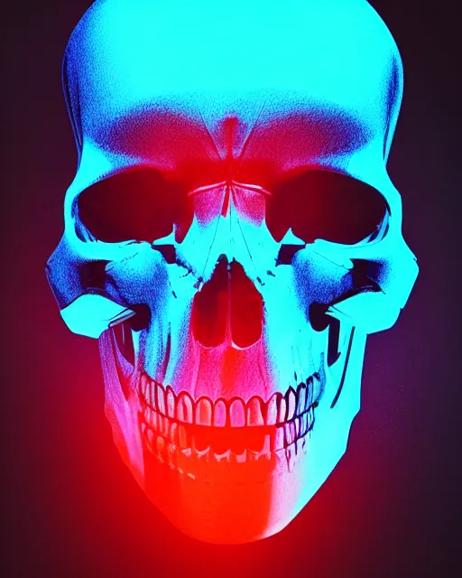 Image similar to dramatic cyberpunk portrait of a skull in a suit, crystalline, red glow, green glow, blue glow, atmospheric haze, intense shading, optic ripple, backlit, bokeh, centered