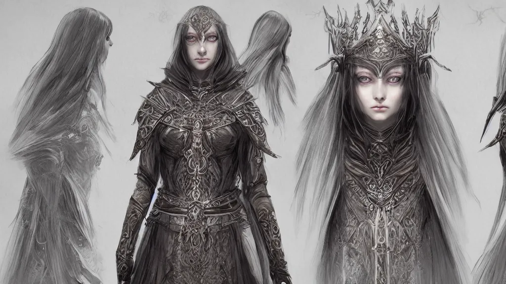 Image similar to concept art sheet, photorealistic symmetrical beautiful young female priestess with shiny hair wearing full intricate clothing, intricate, cg society, Elden Ring, darksouls, bloodborne