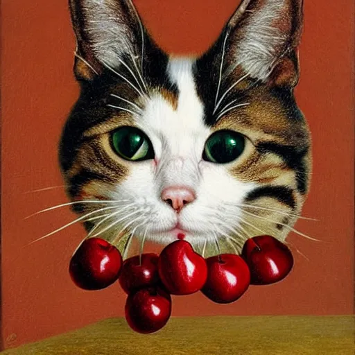 Image similar to a cat head made out of cherries by giuseppe arcimboldo, oil on canvas