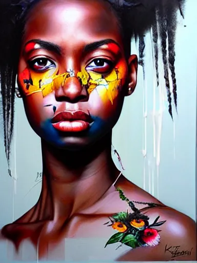 Prompt: portrait of an black woman painted by artgerm, karol bak, artur bordalo, sandra chevrier : : portrait, vibrant, character, illustration, hyperrealism
