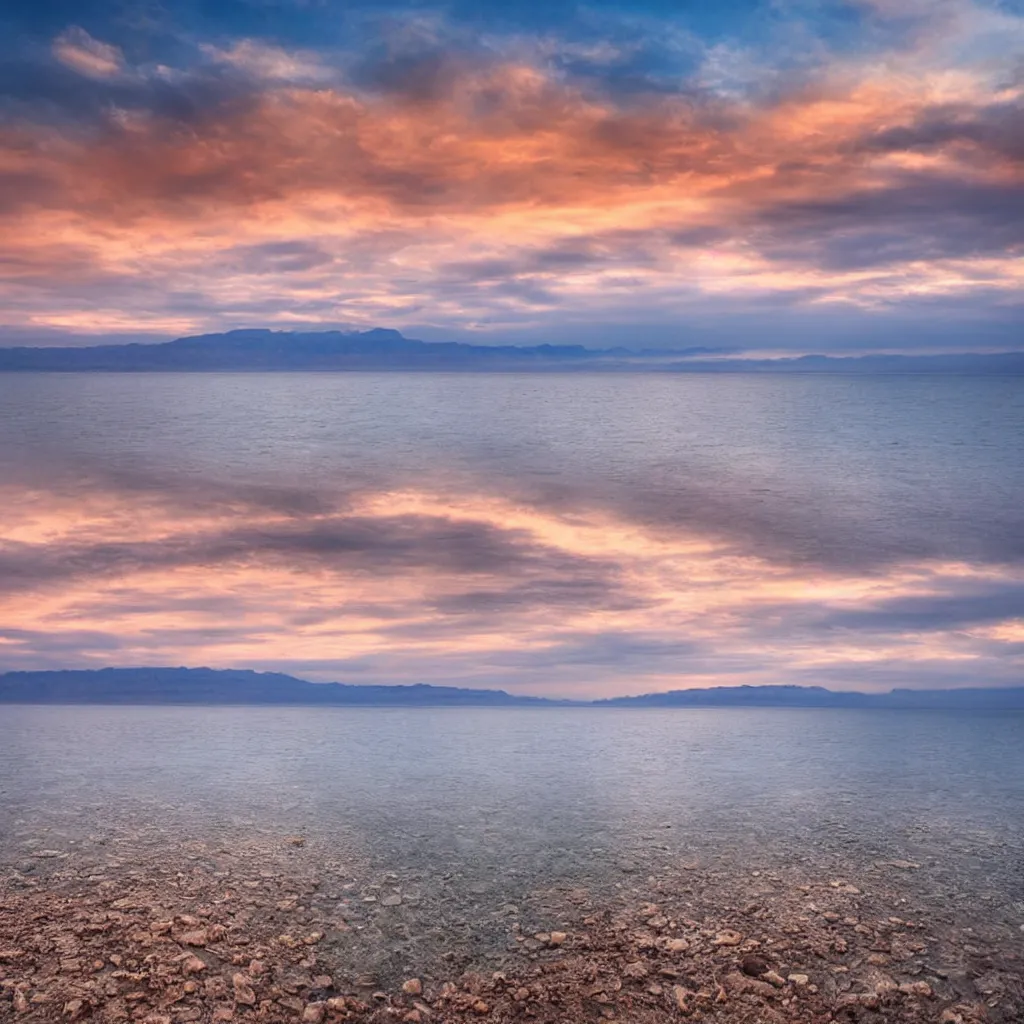 Prompt: the dead sea at sunset, clouds in the sky, mountains at the horizon, professional photo