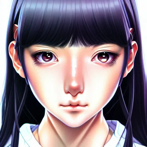 Image similar to depicting an extreme close up face of a dainty young truant female stoner prep highschool school student with medium length silky straight iridescent black hair and lightly suntanned skin, illustrated by Artgerm and Range Murata.