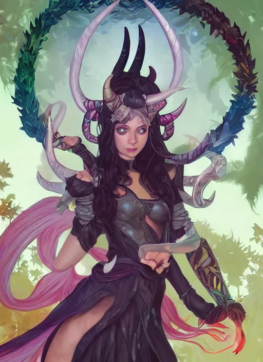 Prompt: cute Tiefling Druid with cute horns, colorful leaves on light leather armor, demon tail, highly detailed, digital painting, concept art, sharp focus, illustration, art by artgerm, greg rutkowski and alphonse mucha
