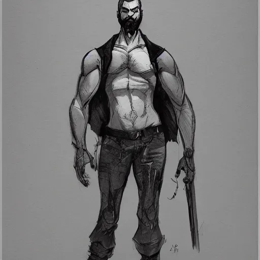 Image similar to concept art character, very high angle view, book cover, very attractive man with beard, walking in cyberpunk valley highly detailed full body, strong masculine features, sturdy body, command presence, royalty, smooth, sharp focus, organic, appealing, book cover, deep shadows, by Dave McKean sketch lineart for character design