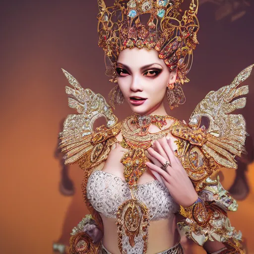 Image similar to portrait of pretty princess with perfect skin, glowing, ornate and intricate diamond jewelry, jaw dropping beauty, ornate and intricate backdrop, white accent lighting, hyper detailed, 4 k octane render