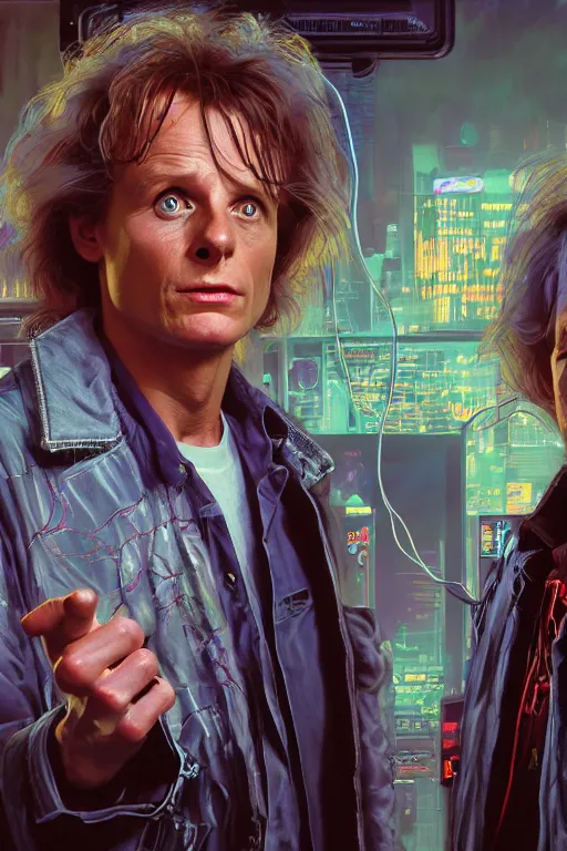 Image similar to hyperrealist portrait of marty mcfly and doc emmett brown, it is decorated with long wires and computer monitors in the cyberpunk office background. by jeremy mann and alphonse mucha, fantasy art, photo realistic, dynamic lighting, artstation, poster, volumetric lighting, very detailed faces, 8 k, award winning