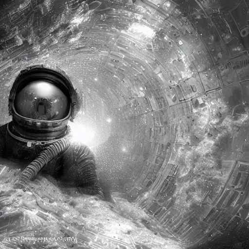 Prompt: concept art by craig mullins diver astronaut in underwater futuristic dark and empty spaceship. infrared complex and hyperdetailed technical suit design. mandelbulb fractal. reflection and dispersion materials rays and dispersion of light breaking through the deep water. 5 0 mm, f / 3 2. noise film photo. high contrast. flash photography