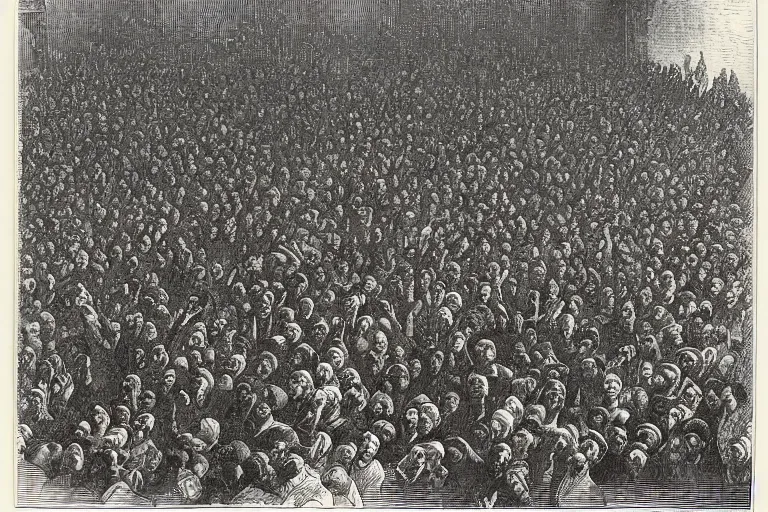 Prompt: aerial view, crowd of people looking up, Gustave Dore lithography