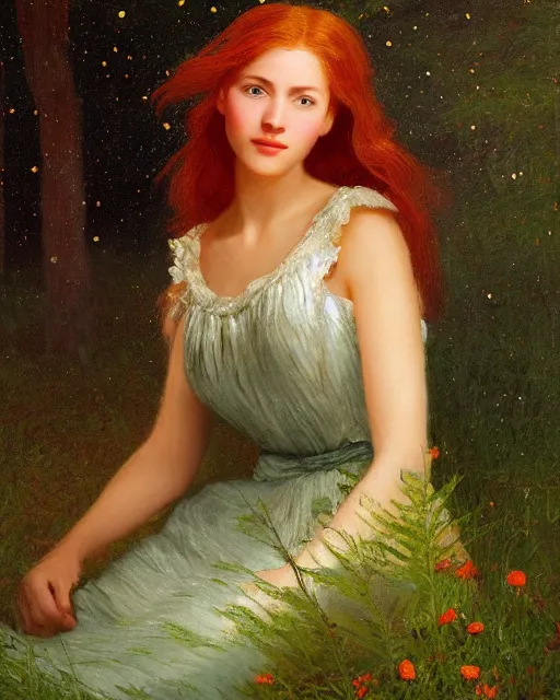 Image similar to a young woman, admiring the lights of golden fireflies, sitting in the midst of nature fully covered with a wonderful dress, long loose red hair, intricate details, green eyes, small nose with freckles, oval shape face, soft happy smile, realistic, expressive emotions, hyper realistic highly detailed art by albert bierstadt