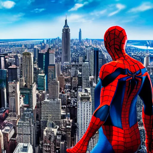 Image similar to marvel spider - man standing on top of the empire state building