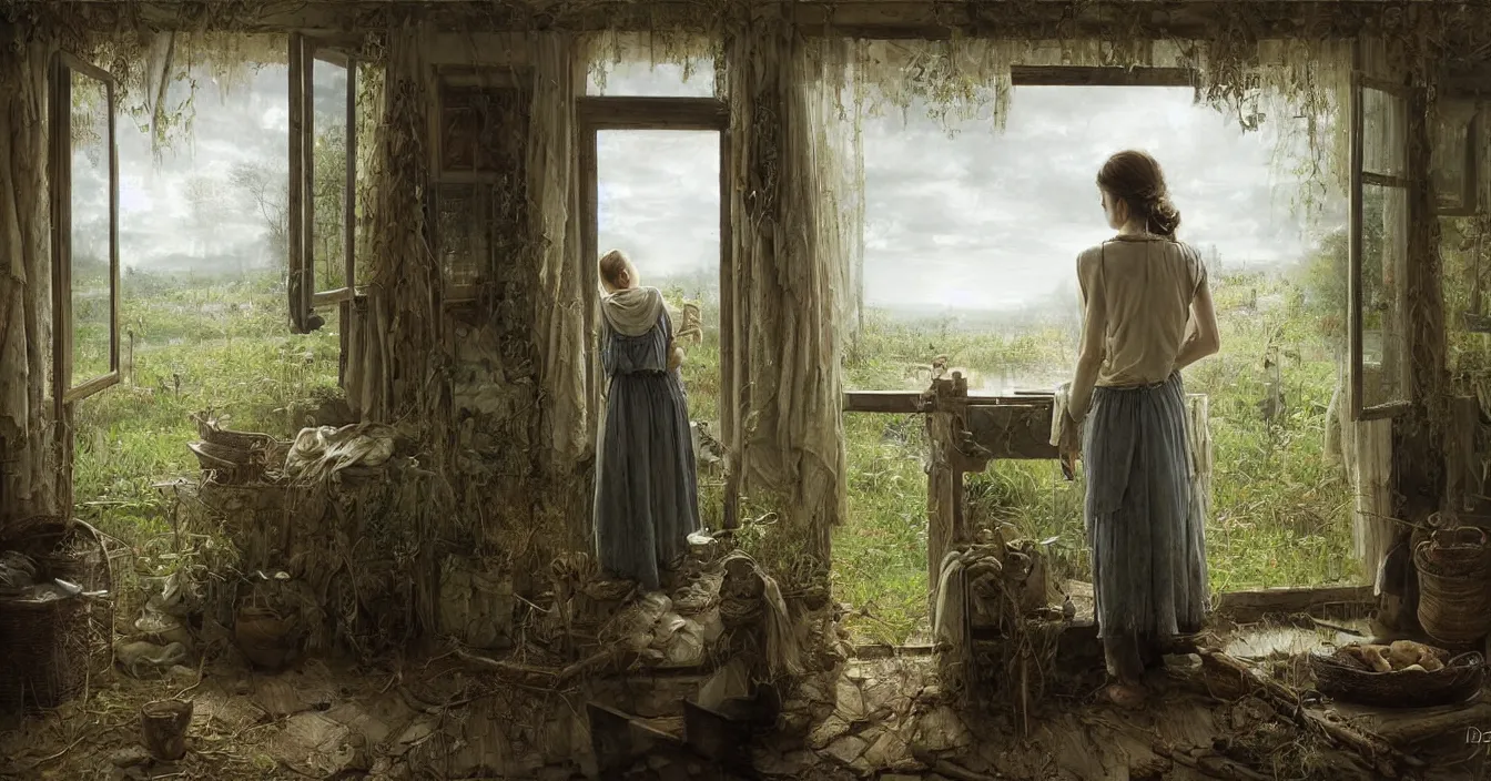 Image similar to secret view from behind wide mirror, very deep stillness atmosphere, silence, dimension of still moment, spiritual feeling, digital art, no women, by daniel ridgway knight