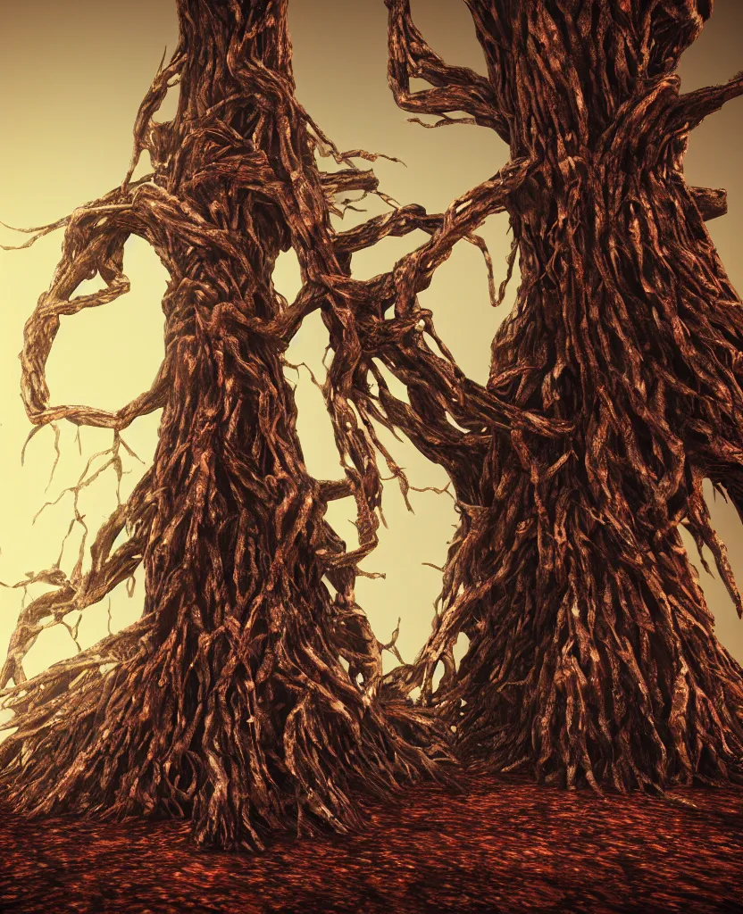 Image similar to sacred giant tree with a skeleton tangled in the tree trunk, red forest, epic painting, octane render, extremely detailed