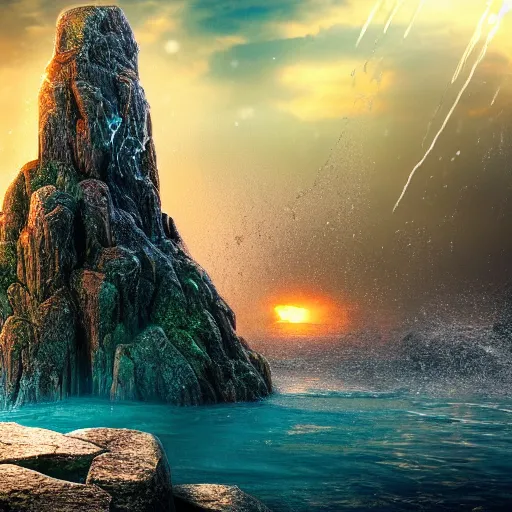 Prompt: a closeup photorealistic photograph of a rock tower with water drops, fantastic four theme.. bright scene. fine detail. this 4 k hd image is trending on artstation, featured on behance, well - rendered, extra crisp, features intricate detail, epic composition and the style of unreal engine.