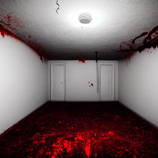 Prompt: one of the most scariest room there is one light on the ceiling and the floor is all blood the outside is night photo - realistic