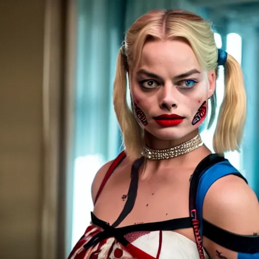 Image similar to Margot Robbie as real-life Harley Quinn, cinematic, Wide-shot, atmospheric lighting, directed by Ti West, extreme detail, 8K, movie still