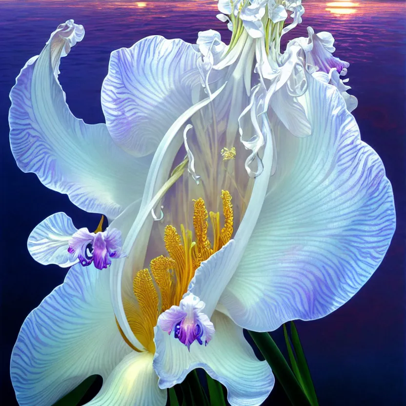 Image similar to detailed giant white holographic orchid iris hybrid flower surrounded by ocean waves, lsd water, lsd ripples, droplets, backlit, sunset, refracted lighting, art by collier, albert aublet, krenz cushart, artem demura, alphonse mucha