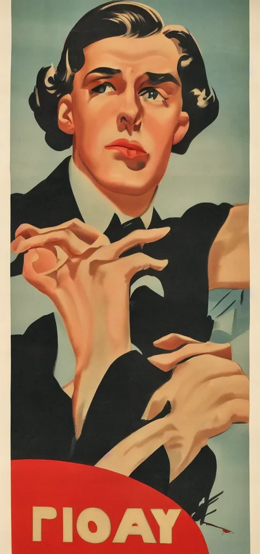 Image similar to portrait of a glamorous man with upset gesture, 1940s propaganda poster, full hd,highly detailed