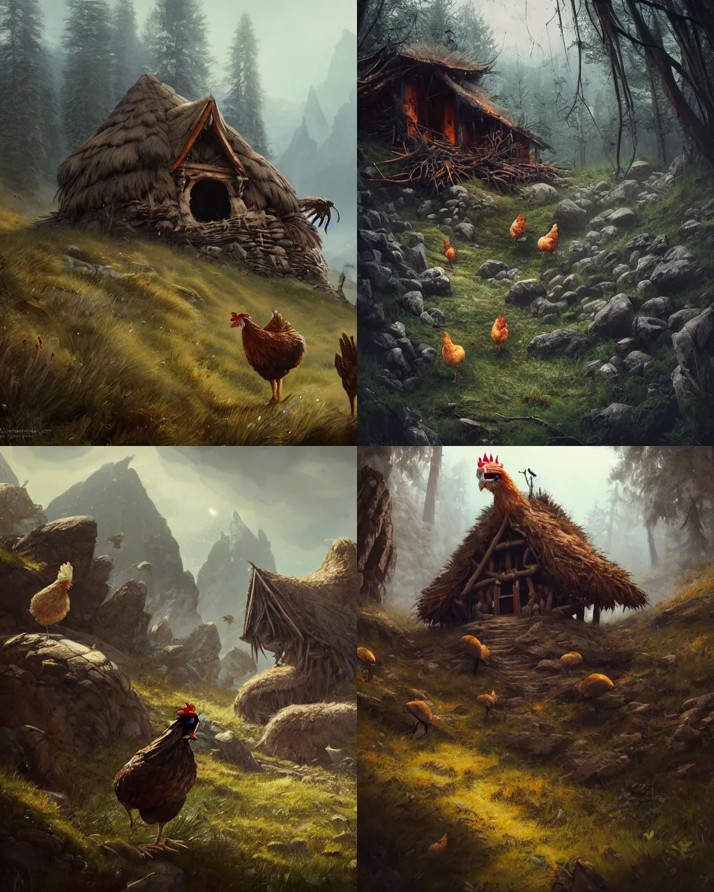 Prompt: two giant chicken legs below witch hut, greg rutkowski, zabrocki, karlkka, jayison devadas, trending on artstation, 8 k, ultra wide angle, zenith view, pincushion lens effect